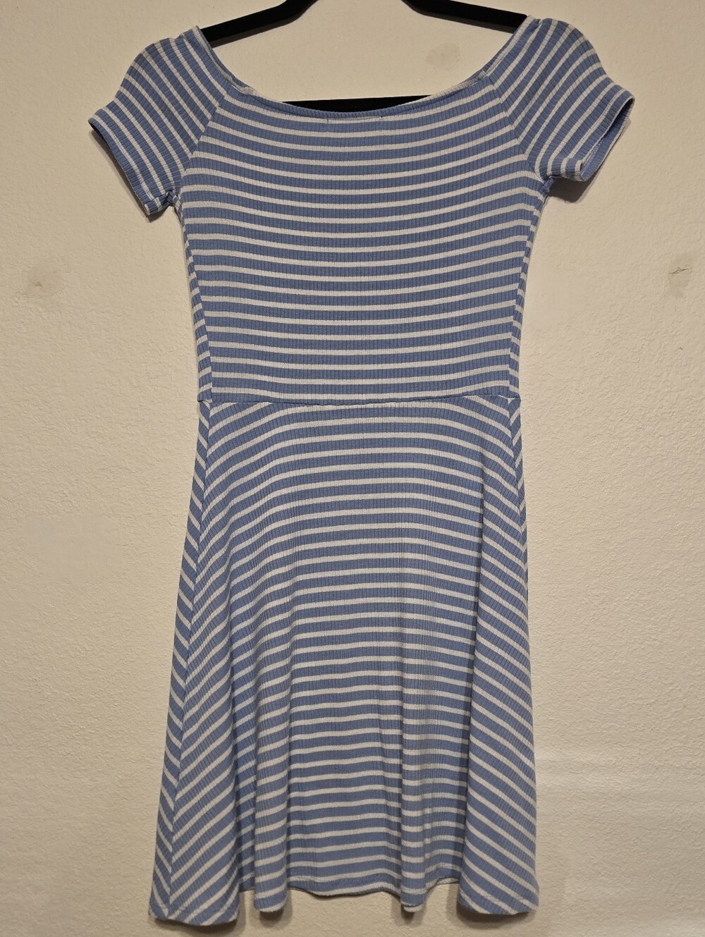 Love, Fire Blue White Striped Off The Shoulder Ribbed Mini Flare Dress Size S - Picture 4 of 6